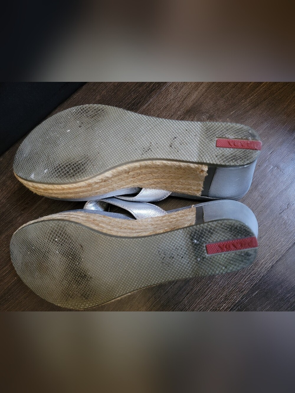 Prada Metallic Silver Leather Espadrille Wedge Thong Sandals - Picture 3 of 9